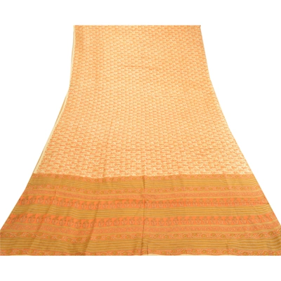 Sanskriti Vintage Sarees Cream-Orange Pure Silk Printed Sari Floral Craft Fabric, PR-60944