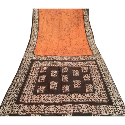 Sanskriti Vintage Sarees Saffron & Brown Human Batik Print Pure Silk Sari Fabric, PR-61593