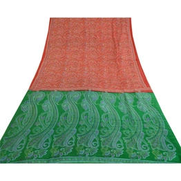 Sanskriti Vintage Dark Red/Green Sarees 100% Pure Silk Printed Sari Craft Fabric, PR-64744