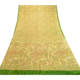 Sanskriti Vintage Sarees Indian Green Printed Pure Silk Sari Soft Craft Fabric, PR-63296