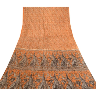 Sanskriti Vintage Sarees Indian Orange/Brown Printed Pure Silk Sari Craft Fabric, PR-63295