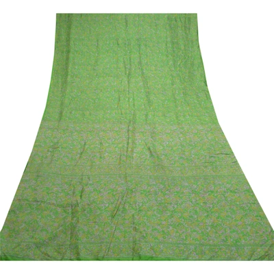 Sanskriti Vintage Green Sarees 100% Pure Silk Printed Sari Decor Craft Fabric, PR-56672