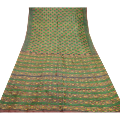 Sanskriti Vintage Green & Purple Ikat Printed Sarees Pure Silk Sari Craft Fabric, PR-56944