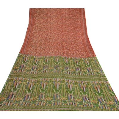 Sanskriti Vintage Sarees Indian Red & Green Blend Silk Printed Sari Craft Fabric, PR-64661