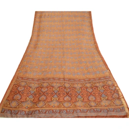 Sanskriti Vintage Orange Sarees Pure Silk Printed Sari Craft Zari Border Fabric, PR-64736