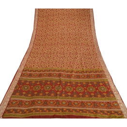 Sanskriti Vintage Brown/Dark Red Sarees 100% Pure Silk Printed Sari Craft Fabric, PR-64766