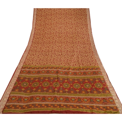 Sanskriti Vintage Brown/Dark Red Sarees 100% Pure Silk Printed Sari Craft Fabric, PR-64766