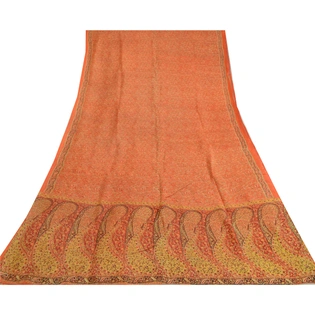 Sanskriti Vintage Orange Indian Sarees 100% Pure Silk Printed Sari Craft Fabric, PR-64754