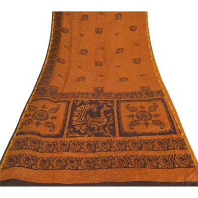 Sanskriti Vintage Saffron Sarees Art Silk Printed Sari Zari Border Craft Fabric, PR-52809