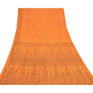 Sanskriti Vintage Orange Sarees Blend Silk Floral Printed Sari 5Yd Craft Fabric, PR-55292