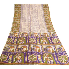 Sanskriti Vintage Purple Pure Silk Sarees Women Animal Printed Sari Craft Fabric, PR-57180