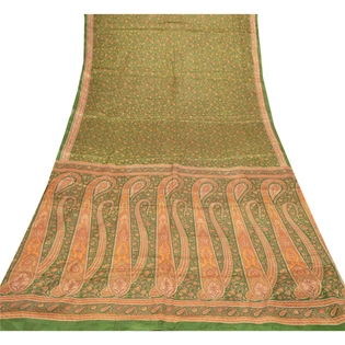 Sanskriti Vintage Green Sarees Art Silk Paisley Printed Fabric Craft 5 Yard Sari, PR-54618