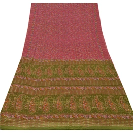 Sanskriti Vintage Pink Indian Sari Printed Blend Silk Sarees Craft 5 Yard Fabric, PR-52109