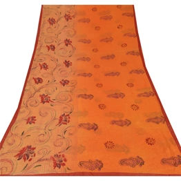 Sanskriti Vintage Orange Indian Sari Printed Blend Silk Sarees Craft Fabric, PR-52007