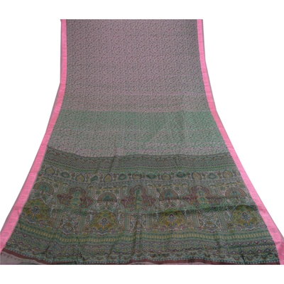 Sanskriti Vintage Sarees Pink Satin Printed Sari Floral Soft 5Yd Craft Fabric, PR-61742