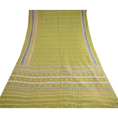 Sanskriti Vintage Sarees From India Green Blend Silk Printed Floral Craft Fabric, PR-62812