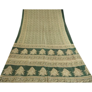 Sanskriti Vintage Sarees Indian Printed Green Blend Silk Sari 5Yd Craft Fabric, PR-59939