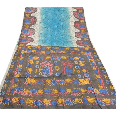 Sanskriti Vintage Blue Batik Sarees Art Silk Printed Indian Sari Craft Fabric, PR-41453