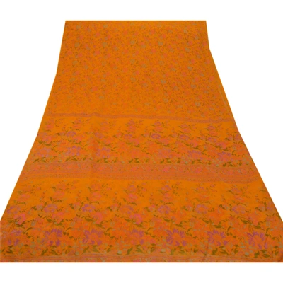 Sanskriti Vintage Art Silk Orange Indian Sarees Printed Sarees Craft 5 Yd Fabric, PR-43535