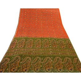 Sanskriti Vintage Orange Indian Sarees Blend Silk Printed Sewing Sari Fabric, PR-41078