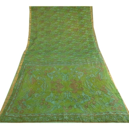 Sanskriti Vintage Sarees Green Pure Silk Printed Zari Border Sari Craft Fabric, PR-62857