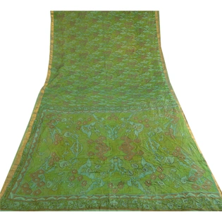 Sanskriti Vintage Sarees Green Pure Silk Printed Zari Border Sari Craft Fabric, PR-62857