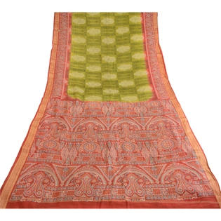 Sanskriti Vintage Sarees Green Pure Silk Printed Sari Floral Soft Craft Fabric, PR-62855