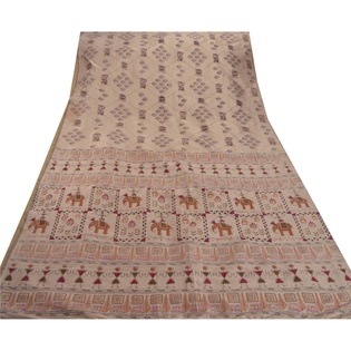 Sanskriti Vintage Art Silk Warli Indian Sarees Grey Block Print Sari 5 Yd Fabric, PR-41249