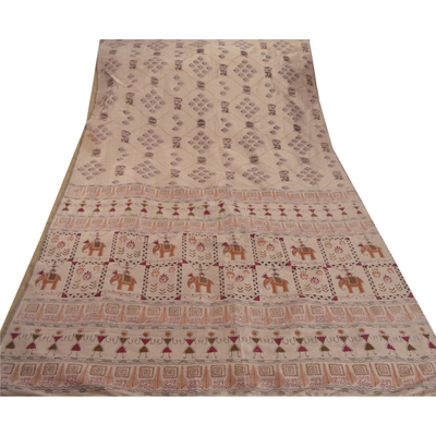 Sanskriti Vintage Art Silk Warli Indian Sarees Grey Block Print Sari 5 Yd Fabric, PR-41249