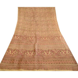 Sanskriti Vintage Sarees Cream 100% Pure Silk Printed Sari Soft 5Yd Craft Fabric, PR-62865