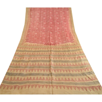 Sanskriti Vintage Sarees Pink Hand Block Printed Pure Silk Sari 5Yd Craft Fabric, PR-62921