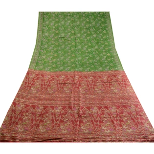 Sanskriti Vintage Sarees Green Printed Pure Silk Sari Floral 5Yd Craft Fabric, PR-63013