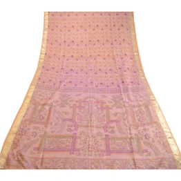 Sanskriti Vintage Sarees Pink Pure Silk Printed Zari Border Sari Craft Fabric, PR-63370