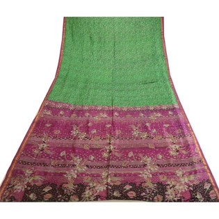 Sanskriti Vintage Sarees Green Zari Border Pure Silk Printed Sari Craft Fabric, PR-63660