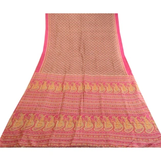 Sanskriti Vintage Sarees Hot-Pink Printed Pure Silk Sari 5Yd Floral Craft Fabric, PR-63680