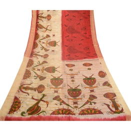 Sanskriti Vintage Sarees Red Indian Music Instrument Print Pure Silk Sari Fabric, PR-63307