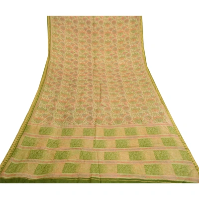 Sanskriti Vintage Sarees Indian 100% Cream Pure Silk Printed Sari Craft Fabric, PR-61038