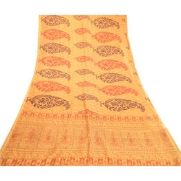 Sanskriti Vintage Sarees Yellow Pure Silk Block Printed Sari Floral Craft Fabric, PR-63438