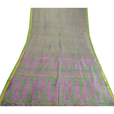 Sanskriti Vintage Sarees Green Zari Border Pure Silk Printed Sari Craft Fabric, PR-63477