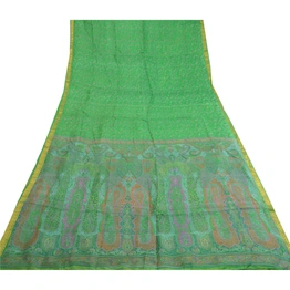 Sanskriti Vintage Sarees Green Pure Silk Printed Zari Border Sari Craft Fabric, PR-60843