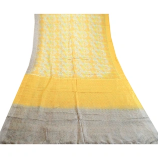 Sanskriti Vintage Sarees Yellow Pure Silk Printed Sari Soft Floral Craft Fabric, PR-60750