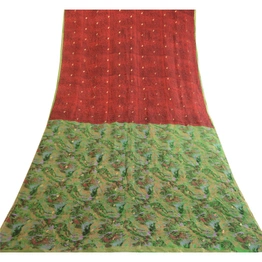 Sanskriti Vintage Sarees Red Pure Chinon Silk Printed Woven Sari Craft Fabric, PR-63495