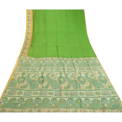 Sanskriti Vintage Sarees Green Pure Silk Printed Zari Border Sari Craft Fabric, PR-60796