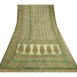 Sanskriti Vintage Sarees Green 100% Pure Silk Printed Sari Floral Craft Fabric, PR-60640