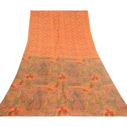 Sanskriti Vintage Sarees Saffron 100% Pure Silk Printed Sari Soft Craft Fabric, PR-60667