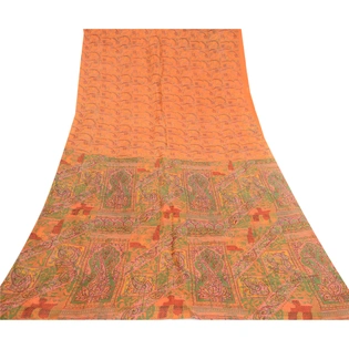 Sanskriti Vintage Sarees Saffron 100% Pure Silk Printed Sari Soft Craft Fabric, PR-60667