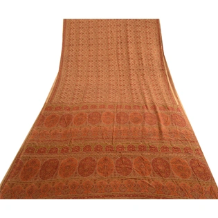 Sanskriti Vintage Sarees Brown 100% Pure Silk Printed Sari Craft 5 Yard Fabric, PR-63519