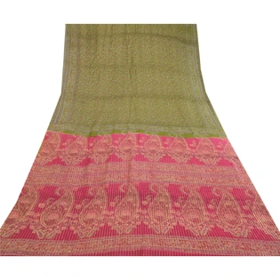 Sanskriti Vintage Sarees Green Pure Silk Printed Woven Sari Soft Craft Fabric, PR-60654