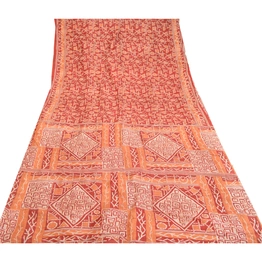 Sanskriti Vintage Sarees Red 100% Pure Silk Printed Sari Geometric Craft Fabric, PR-60594