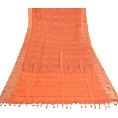 Sanskriti Vintage Sarees Orange Pure Silk Printed Zari Work Sari Craft Fabric, PR-63521